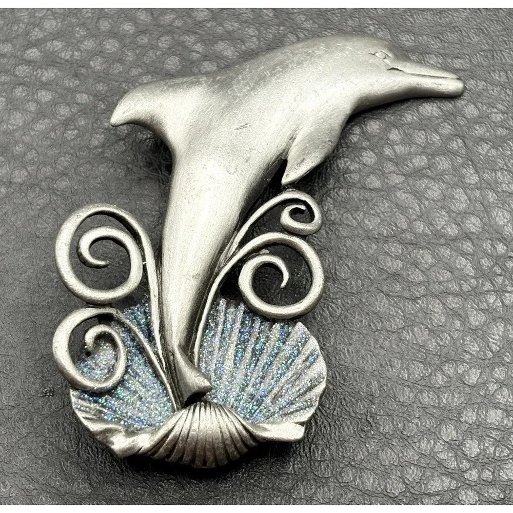 JJ Jonette Pewter Dolphin & Seashell Brooch Pin with Glitter Enamel Accents
